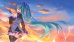  1girl bare_shoulders blue_eyes blue_hair clouds hatsune_miku highres kame^^ long_hair necktie skirt sky sunset twintails vocaloid 