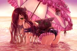  1girl all_fours anna_(granblue_fantasy) ass bare_shoulders blush brown_hair granblue_fantasy green_eyes hair_over_one_eye highres lolita_fashion long_hair one-piece_swimsuit parasol partially_submerged solo stuffed_toy swimsuit takanashi umbrella water wet 