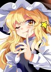  1girl ;p black_vest blonde_hair blush e.o. hat juliet_sleeves kirisame_marisa long_hair long_sleeves looking_at_viewer one_eye_closed puffy_sleeves sidelocks solo star tongue tongue_out touhou upper_body white_background witch_hat yellow_eyes 