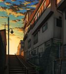  brick_wall building condensation_trail grass highres lamppost mizuasagi no_humans original outdoors pipes plant potted_plant power_lines railing scenery stairs sunset 