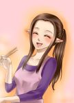  1girl apron blush brown_hair chopsticks closed_eyes long_hair open_mouth pink_background pointy_ears ponytail princess_zelda smile solo the_legend_of_zelda the_legend_of_zelda:_twilight_princess wasabi_(legemd) 