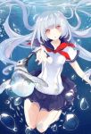  1girl air_bubble bird bubble long_hair looking_at_viewer mikan_no_shiru neckerchief open_mouth original outstretched_arm penguin pleated_skirt red_eyes sailor_collar school_uniform serafuku skirt swimming underwater white_hair 