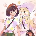  2girls arm_holding bag beanie black_hair blonde_hair blush dark_skin female_protagonist_(pokemon_sm) flat_chest floral_background front-tie_top green_eyes handbag hat lillie_(pokemon) long_hair magical_ondine multiple_girls pokemon pokemon_(game) pokemon_sm satchel shirt short_hair side_braids t-shirt yuri 