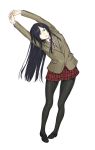  1girl arms_up black_eyes black_hair black_legwear black_shoes blazer breasts buttons full_body highres jacket kurihara_mari_(prison_school) leaning_to_the_side loafers long_hair long_sleeves looking_at_viewer miniskirt nakabayashi_reimei neck_ribbon one_eye_closed own_hands_together pantyhose pigeon-toed plaid plaid_skirt pleated_skirt pocket prison_school red_ribbon red_skirt ribbon school_uniform shirt shoes simple_background skirt solo standing stretch white_background white_shirt 