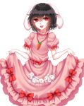  1girl absurdres animal_ears black_hair bow carrot_necklace dress floppy_ears highres inaba_tewi looking_at_viewer open_mouth pink_dress puffy_short_sleeves puffy_sleeves rabbit rabbit_ears red_bow ribbon_trim sheya short_hair short_sleeves simple_background skirt_basket skirt_hold smile touhou white_background 