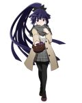  1girl akatsuki_(log_horizon) black_legwear black_ribbon blue_hair bow eyebrows eyebrows_visible_through_hair full_body grey_scarf grey_skirt hair_ribbon high_ponytail log_horizon long_hair looking_at_viewer pantyhose pleated_skirt ponytail purple_bow purple_hair ribbon shirt simple_background skirt solo violet_eyes white_background white_shirt 