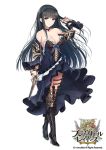  bare_shoulders black_hair blue_eyes brave_girl_ravens breasts choker cleavage company_connection copyright_name detached_sleeves full_body gun highres holding holding_weapon large_breasts long_hair looking_at_viewer simple_background standing thigh-highs weapon white_background 