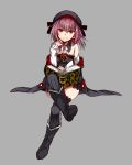  1girl absurdres bare_shoulders black_legwear book boots crossed_legs dress fate/grand_order fate_(series) flat_chest hat helena_blavatsky_(fate/grand_order) highres looking_at_viewer nagatsuki_take purple_hair ribbed_legwear short_hair sitting smile solo strapless violet_eyes 