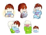  &gt;_&lt; 1boy :&lt; :3 androgynous animalization asriel_dreemurr brown_hair caribun closed_eyes fangs finger_to_mouth frisk_(undertale) furry hair_between_eyes holding_ears horns kiss monster_boy no_humans o_o open_mouth simple_background striped striped_sweater sweater undertale wavy_mouth white_background yawning 