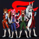 4girls animal_ears antenna_hair arm_behind_back blazblue bomber_jacket breasts brown_eyes brown_hair candy cat_ears cat_tail cosplay crossover dark_skin eymbee falco_lombardi falco_lombardi_(cosplay) final_fantasy final_fantasy_xii fingerless_gloves fingernails flat_chest fox_mccloud fox_mccloud_(cosplay) fran full_body glasses gloves grin hands_on_hips headset high_ponytail holo holster index_finger_raised jacket kokonoe large_breasts lollipop long_coat long_fingernails long_hair makoto_nanaya medium_breasts multicolored_hair multiple_crossover multiple_girls multiple_tails neckerchief open_clothes open_jacket orange_eyes peppy_hare pilot_suit pince-nez pink_hair rabbit_ears red_eyes scouter short_hair silver_hair simple_background slippy_toad smile spice_and_wolf squirrel_ears squirrel_tail standing star_fox tail thigh_holster two-tone_hair two_side_up very_long_hair viera wolf_ears wolf_tail 