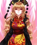  1girl absurdres blonde_hair blood bloody_tears chinese_clothes cowboy_shot crescent crying crying_with_eyes_open energy fire hair_between_eyes hat highres junko_(touhou) long_hair long_sleeves looking_at_viewer obi pink_fire red_eyes sash sheya smile solo tabard tassel tears touhou 