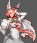  1girl :q aqua_eyes breasts cleavage cleavage_cutout clover covered_navel elphelt_valentine four-leaf_clover gloves grey_background guilty_gear guilty_gear_xrd highres looking_at_viewer monaim pink_hair short_hair simple_background sketch solo spikes tongue tongue_out white_gloves 