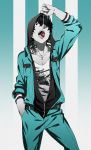  1boy arizuka_(catacombe) black_hair blue_background contrapposto cowboy_shot eating food fruit grey_eyes hand_in_pocket highres hood hoodie jewelry jumpsuit male_focus necklace open_mouth original pale_skin patterned_background red_mask_(arizuka) strawberry striped tattoo unzipped vertical-striped_background vertical_stripes 
