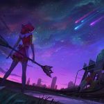  1girl commentary league_of_legends luxanna_crownguard magical_girl night night_sky official_art playground shooting_star sky skyline star_guardian_lux teaser thigh-highs wand zettai_ryouiki 