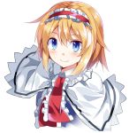  1girl alice_margatroid blonde_hair blue_eyes blush capelet closed_mouth e.o. frills hairband highres lolita_hairband looking_at_viewer neck_ribbon red_ribbon ribbon short_hair smile solo touhou upper_body white_background 
