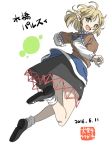  1girl arm_support blonde_hair character_name full_body green_eyes inuno_rakugaki japanese_clothes leg_up looking_back mizuhashi_parsee open_mouth pointy_ears solo touhou white_background 