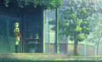  1girl bush feel_(nasitaki) highres original plant rain red_umbrella school_uniform short_hair skirt tree umbrella 