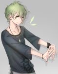  1boy bangle bracelet dangan_ronpa earrings green_eyes green_hair grey_background highres jewelry looking_at_viewer necklace new_dangan_ronpa_v3 paxio44 ring shirt simple_background smile striped striped_shirt 