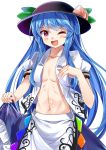  &gt;:d 1girl :d ;d black_hat blue_hair blue_skirt blush breasts center_opening collarbone cowboy_shot dress_shirt e.o. flat_chest food frills fruit hat highres hinanawi_tenshi leaf lifted_by_self long_hair looking_at_viewer navel no_bra one_eye_closed open_clothes open_mouth open_shirt peach puffy_short_sleeves puffy_sleeves rainbow_gradient rainbow_order red_eyes ribs shirt short_sleeves sidelocks skinny skirt skirt_lift small_breasts smile solo stomach touhou very_long_hair white_background white_shirt 