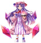  1girl bangs blue_bow blue_ribbon blunt_bangs blush book bow bowtie breasts capelet closed_mouth crescent crystal dress e.o. frilled_sleeves frills full_body hair_bow hat hat_ribbon holding holding_book long_hair long_sleeves looking_at_viewer mob_cap open_book pajamas patchouli_knowledge purple_hair red_bow red_bowtie red_ribbon ribbon shoes sidelocks small_breasts solo striped touhou vertical-striped_dress vertical_stripes very_long_hair violet_eyes white_background white_shoes wide_sleeves 