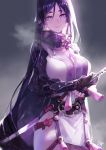  1girl breasts cowboy_shot fate/grand_order fate_(series) fingerless_gloves gloves hg_(pixiv16108795) highres hips katana large_breasts light_smile long_hair looking_at_viewer minamoto_no_yorimitsu_(fate/grand_order) purple purple_hair signature solo standing sword thighs very_long_hair violet_eyes weapon 