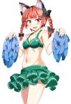  1girl alternate_costume animal_ears armpits bangs bikini_top blunt_bangs blush bow bra braid breasts cat_ears cheerleader cleavage cowboy_shot e.o. extra_ears green_bikini_top green_skirt hair_bow hair_ornament highres kaenbyou_rin long_hair looking_at_viewer microskirt midriff navel open_mouth pom_poms red_eyes redhead simple_background skirt small_breasts smile solo stomach touhou twin_braids underwear white_background 