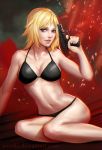  1girl artist_name aya_brea bikini black_bikini blonde_hair blue_eyes breasts cleavage deviantart_username gun handgun holding holding_gun holding_weapon large_breasts lips navel nose parasite_eve pistol revision short_hair sitting solo stomach swimsuit under_boob watermark weapon web_address ynorka_chiu 