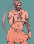  1boy abs alextau666 arm_tattoo beard bow cowboy_shot crossdressinging facial_hair finger_to_mouth groin hand_on_own_chest hanzo_(overwatch) highres midriff overwatch school_uniform skirt skirt_grab solo tattoo thigh-highs zettai_ryouiki 