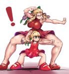  ! 2girls :&lt; alternate_color alternate_costume armpits blonde_hair breasts capcom clenched_hand company_connection crossover dress drill_hair fighting_stance flat_chest green_eyes hair_ribbon kanzuki_karin multiple_girls player_2 ponytail red_dress redchicken ribbon rockman rockman_(classic) roll short_dress sleeveless sleeveless_dress spread_legs street_fighter street_fighter_v thick_thighs thighs toned yellow_eyes 