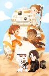  1girl 4boys bb-8 black_hair brown_hair character_doll chibi clouds darth_vader desert doll finn_(star_wars) frown headwear_removed helmet helmet_removed kataro kneeling kylo_ren multiple_boys open_mouth poe_dameron rey_(star_wars) robot sad short_hair smile staff star_wars star_wars:_the_force_awakens stormtrooper sun very_short_hair 