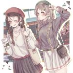  2girls 39_kura absurdres alternate_hairstyle bag belt beret braid brown_eyes casual cleavage_cutout commentary_request cup earrings green_eyes grey_hair hair_ornament hairpin hat heart_cutout highres holding holding_cup holding_strap jewelry long_hair long_sleeves looking_at_viewer love_live! love_live!_school_idol_project minami_kotori multiple_girls one_eye_closed plastic_cup shoulder_bag skirt smile sweater turtleneck twin_braids watch watch yazawa_nico 