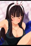  1girl armpits artist_name black_hair blush breasts cleavage collarbone fairy_tail frown gaston18 hair_ribbon highres kagura_mikazuchi large_breasts letterboxed long_hair ribbon solo tank_top 