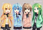  4girls :d ahoge black_legwear blonde_hair blue_eyes blue_hair brown_eyes brown_hair cardigan commentary_request cowboy_shot crescent crescent_hair_ornament double_v fang frilled_shorts frills fumizuki_(kantai_collection) green_eyes green_hair grey_background hair_ornament hands_in_pockets heart kantai_collection long_hair low_twintails minazuki_(kantai_collection) multiple_girls nagasioo nagatsuki_(kantai_collection) necktie open_mouth pantyhose pleated_skirt ponytail remodel_(kantai_collection) sailor_collar satsuki_(kantai_collection) short_hair short_hair_with_long_locks shorts skirt smile thigh-highs twintails twitter_username v yellow_eyes zettai_ryouiki 