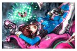  1girl arm_cannon arm_up bangs bodysuit boots bracer breasts brown_eyes brown_hair bubble_blowing bubblegum bunny_print camera charm_(object) covered_navel d.va_(overwatch) eyelashes facepaint facial_mark finger_on_trigger gloves gum gun handgun headphones holding holding_gun holding_weapon knees_up lips lipstick long_hair long_sleeves looking_at_viewer lying makeup mecha medium_breasts meka_(overwatch) on_back overwatch parted_lips pauldrons photo_(object) pilot_suit red_lipstick ribbed_bodysuit shoulder_pads skin_tight solo thigh-highs thigh_boots thigh_strap turtleneck weapon whisker_markings white_boots white_gloves yana_bogatch 