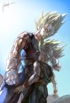  2boys blonde_hair blood dragon_ball facial_mark father_and_son gloves hug injury kim_yura_(goddess_mechanic) multiple_boys muscle spiky_hair super_saiyan trunks_(dragon_ball) vegeta 