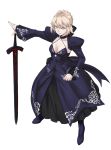  1girl blonde_hair breasts choker cleavage dark_excalibur dress fate/grand_order fate/stay_night fate_(series) full_body highres long_dress pale_skin planted_sword planted_weapon saber saber_alter short_hair shukuzaki small_breasts solo sword weapon wide_sleeves yellow_eyes 