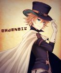  1boy armor blonde_hair blue_eyes cape character_name cravat gloves granblue_fantasy hat jewelry kaitou_chat_noir male_focus minuma_h single_earring solo top_hat white_gloves 