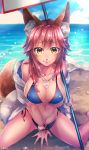  1girl :3 animal_ears bikini breasts cleavage collarbone fate/extra fate/grand_order fate_(series) fox_ears fox_tail jewelry kamuinii large_breasts looking_at_viewer navel necklace ocean pink_hair sitting solo swimsuit tail tamamo_(fate)_(all) tamamo_no_mae_(swimsuit_lancer)_(fate) wariza yellow_eyes 