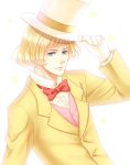  1boy blonde_hair blue_eyes bow bowtie formal gloves hat howl_no_ugoku_shiro matsukaze_(chen7yue) prince_justin simple_background solo sparkle suit upper_body white_background 