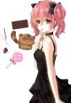  1girl akano_sakura black_dress black_ribbon bow candy chocolate collar dress eyebrows eyebrows_visible_through_hair finger_to_mouth hair_bow hair_ribbon inu_x_boku_ss pink_hair ribbon roromiya_karuta simple_background twintails watanuki_banri white_background 