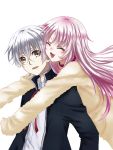  1boy 1girl akano_sakura brown_eyes closed_eyes collar eyebrows eyebrows_visible_through_hair fang hair_between_eyes hug hug_from_behind isana_yashiro jacket k_(anime) long_hair neko_(k) open_mouth pink_hair red_ribbon ribbon short_hair silver_hair simple_background white_background white_shirt 