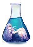  1girl absurdres barefoot brown_eyes finger_to_chin flask full_body highres in_container long_hair minigirl original silver_hair skirt solo tsucchiy underwater 