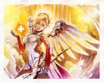  1girl armor artist_name black_gloves blonde_hair blue_eyes bodysuit breastplate breasts cowboy_shot faulds gloves glowing glowing_wings hand_up headgear high_collar holding holding_staff lips loincloth long_hair long_sleeves mechanical_halo mechanical_wings medium_breasts mercy_(overwatch) overwatch pantyhose parted_lips pelvic_curtain ponytail skin_tight solo staff swiss_flag turtleneck weapon wings yana_bogatch yellow_wings 