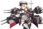  1girl ankle_boots antennae bare_shoulders bismarck_(kantai_collection) blonde_hair blue_eyes boots breasts brown_gloves cannon cowboy_shot detached_sleeves gloves grey_boots grey_legwear hand_on_hip hat jewelry kantai_collection large_breasts lips long_hair looking_at_viewer machinery mecha_musume military military_uniform peaked_cap pink_lips reaching reaching_out simple_background smile solo standing standing_on_one_leg thigh-highs turret uniform white_background yuu_(higashi_no_penguin) zettai_ryouiki 