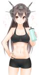  1girl abs bike_shorts blush bottle breasts brown_eyes brown_hair cleavage hairband hand_on_hip heavy_breathing hot kantai_collection long_hair midriff nagato_(kantai_collection) navel parted_lips solo sports_bra sweat water_bottle yasuto_(eria151) 