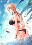  1girl arms_at_sides ass back bangs bare_arms bare_shoulders bikini black_bikini blonde_hair blue_sky blurry bracelet breasts clouds cowboy_shot depth_of_field dutch_angle eyebrows eyebrows_visible_through_hair eyelashes from_side genderswap genderswap_(mtf) hair_over_shoulder hair_tie halterneck izumi_kouhei jewelry large_breasts leaf lens_flare light_particles long_hair looking_back low_twintails motion_blur ocean outdoors pepper_fever petals pout shiny shiny_skin sky solo summer swimsuit twintails wading wet world_trigger yellow_eyes 