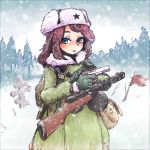  1girl blue_eyes commentary_request doe774 flag forest fur_hat fur_trim gloves gun handgun hat highres long_sleeves looking_at_viewer military military_uniform nature open_eyes open_mouth original outdoors pistol ppsh-41 redhead sky snow snowing solo soviet_flag submachine_gun tagme tokarev_tt-33 tree uniform upper_body ushanka weapon winter winter_clothes 
