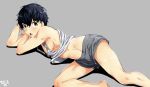  1boy abs arizuka_(catacombe) black_hair grey_background highres looking_at_viewer lying male_focus navel nipples on_side open_mouth original red_mask_(arizuka) shirt shirt_lift shorts signature simple_background solo tank_top 