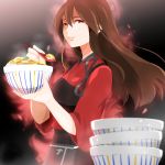  1girl akagi_(kantai_collection) aura bowl brown_hair commentary_request eating food food_on_face from_side grin kantai_collection long_hair looking_at_viewer muneate red_eyes satokichi_(kope00) smile solo spoon udon 
