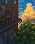  air_conditioner building clouds condensation_trail door highres mizuasagi no_humans original outdoors plant potted_plant railing scenery sky tree vines wind_chime window 
